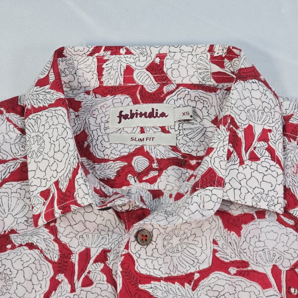 Fabindia Slim Fit Floral Hand Block Print Shirt Men's XS Red White Cotton India - Picture 3 of 9